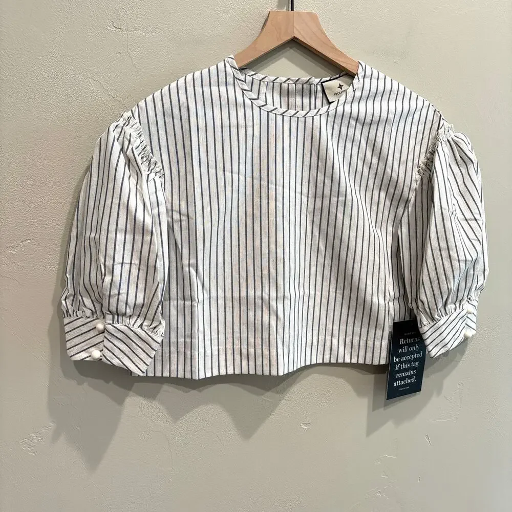 NWT Tuckernuck Edie Linen Puff Sleeve Crop Top in Blue Stripe - Size: Medium